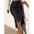 Women's High-Waist Ruched Midi Skirt with Side Slit & Button Detail