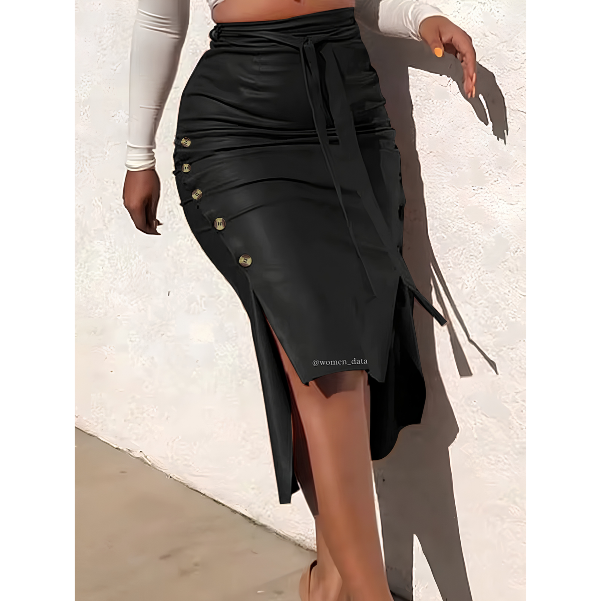 Women's High-Waist Ruched Midi Skirt with Side Slit & Button Detail