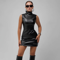 Sleeveless Faux Leather High Neck Mini Dress