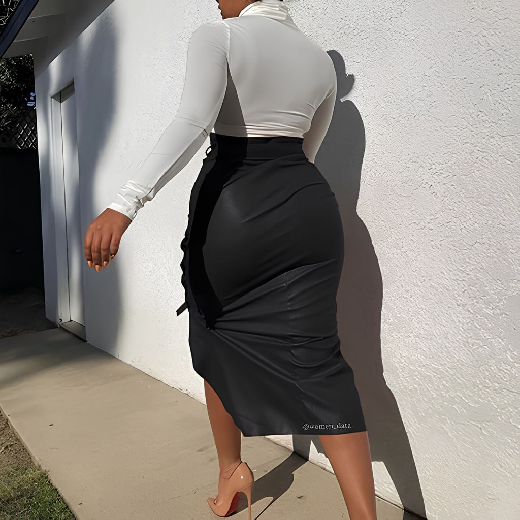 Women's High-Waist Ruched Midi Skirt with Side Slit & Button Detail