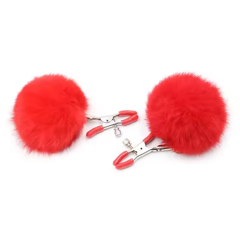 Fluffy Faux Fur Nipple Clamp Clips #color_red