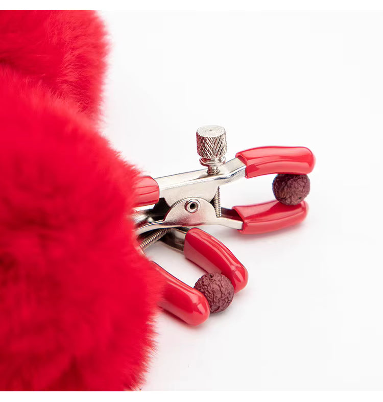 Fluffy Faux Fur Nipple Clamp Clips #color_red