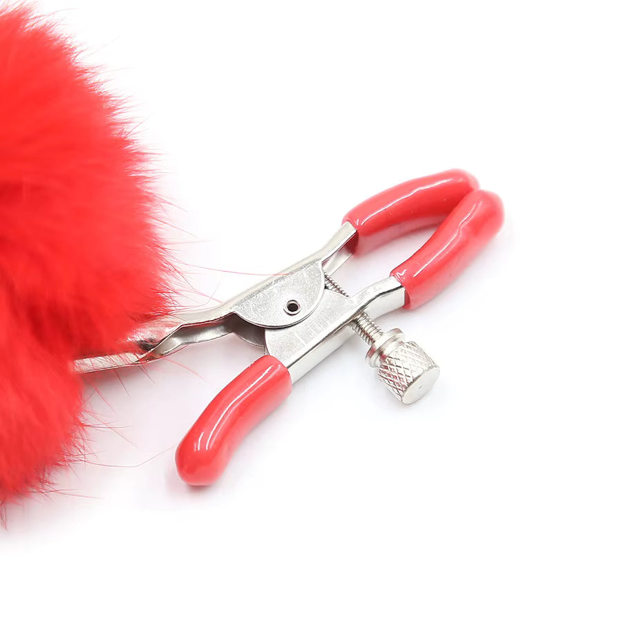 Fluffy Faux Fur Nipple Clamp Clips #color_red