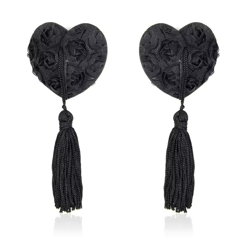 Rose Heart-shaped Nipple Stickers with Tassels Accessories #color_black