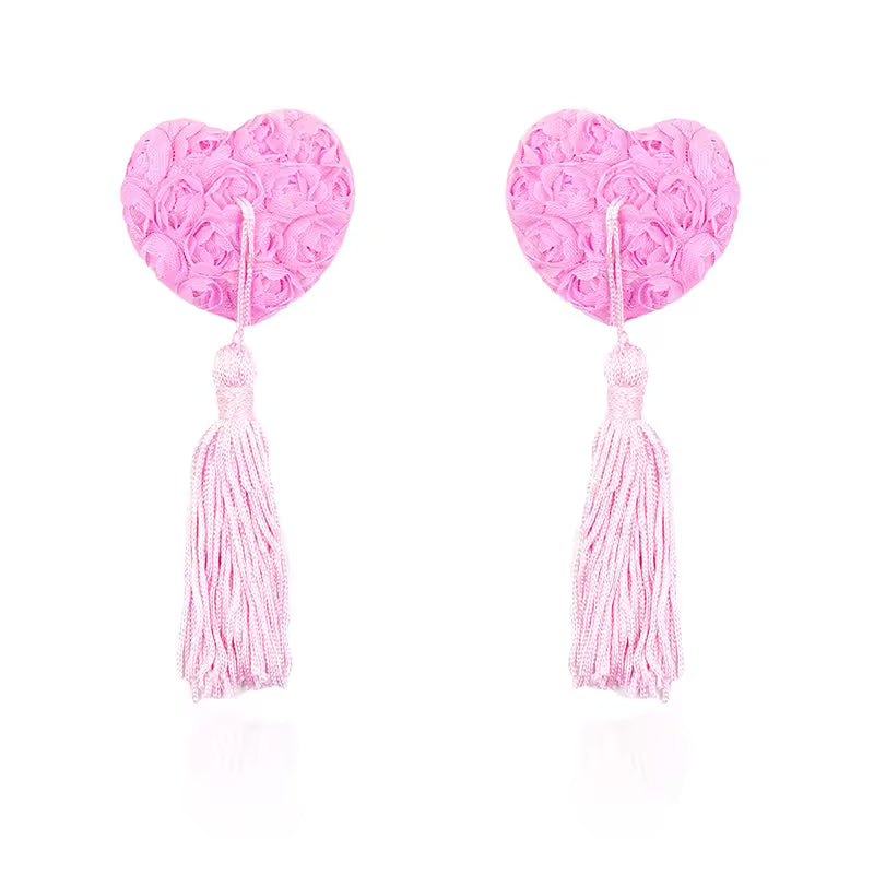 Rose Heart-shaped Nipple Stickers with Tassels Accessories #color_pink