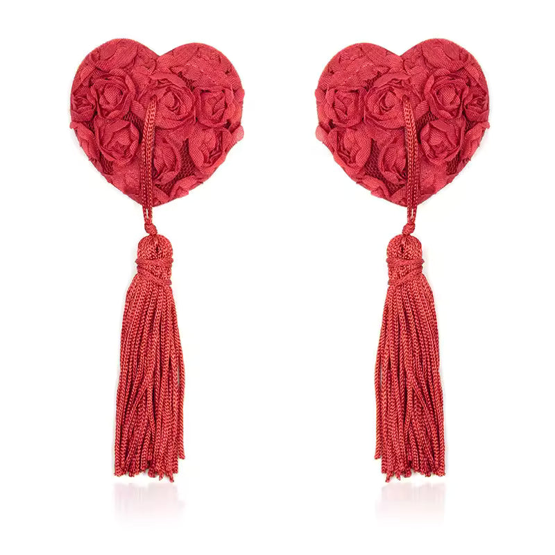 Rose Heart-shaped Nipple Stickers with Tassels Accessories #color_red