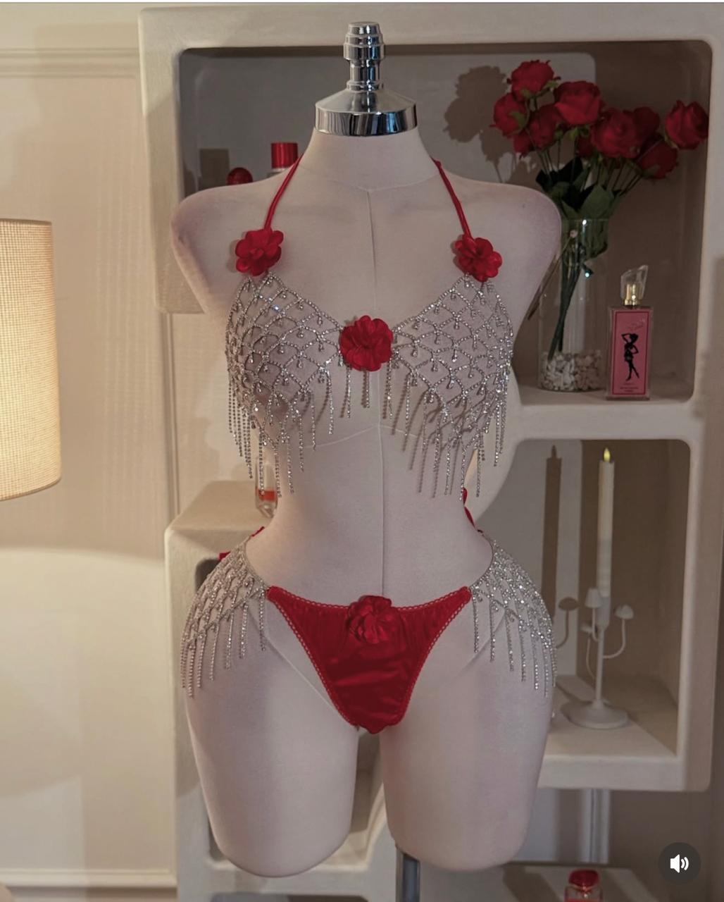 ✨ Red Floral Crystal Fashion Set