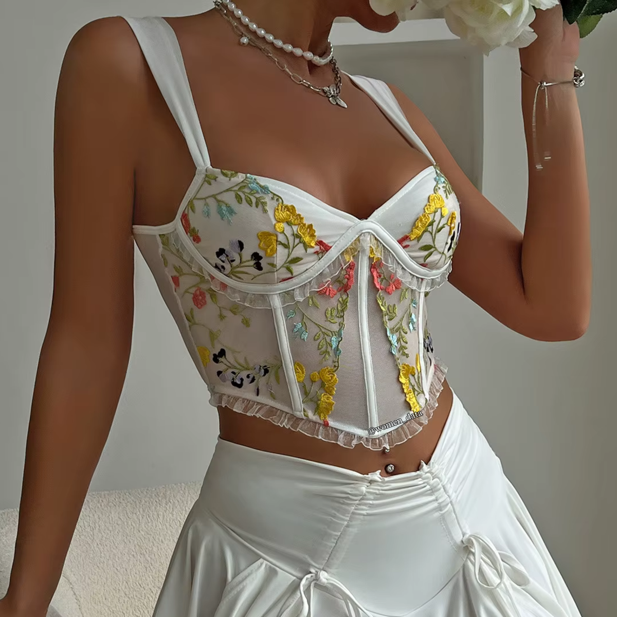 Floral Embroidered Sheer Corset Crop Top