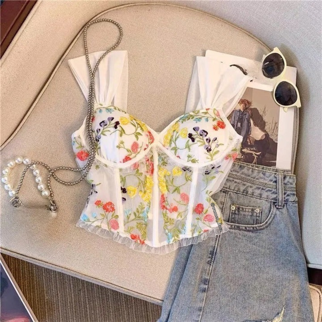 Floral Embroidered Sheer Corset Crop Top