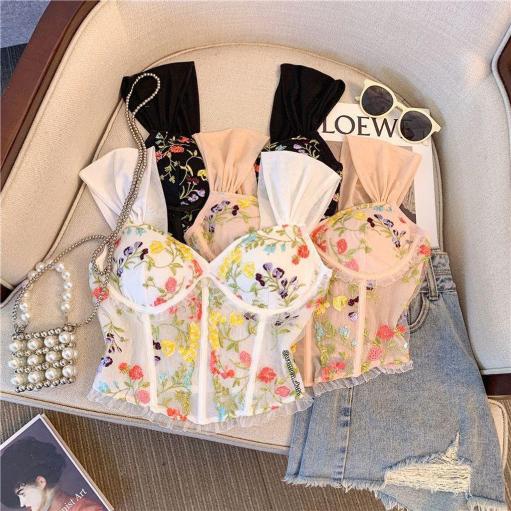 Floral Embroidered Sheer Corset Crop Top