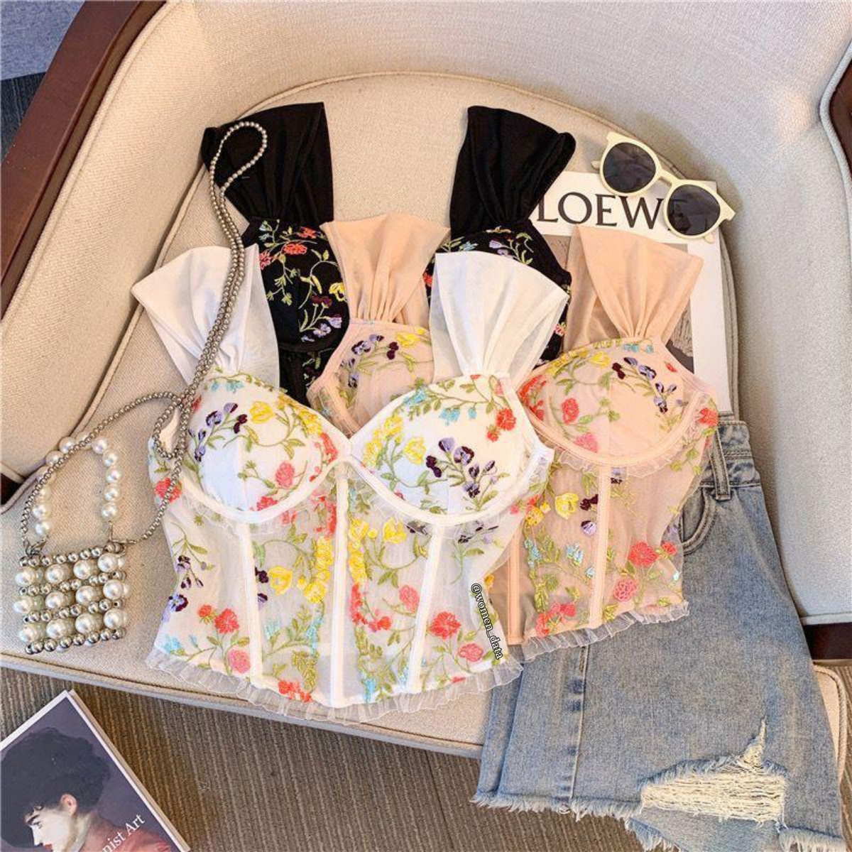 Floral Embroidered Sheer Corset Crop Top
