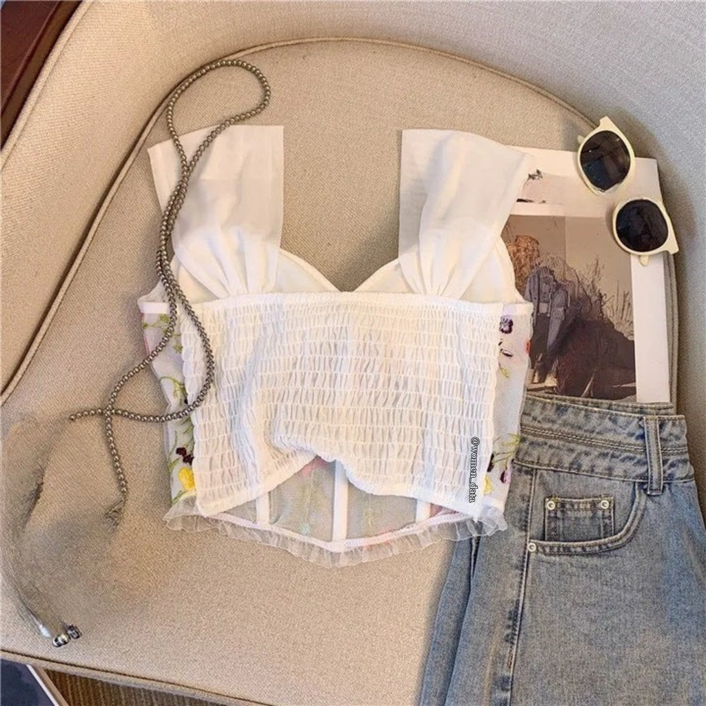 Floral Embroidered Sheer Corset Crop Top