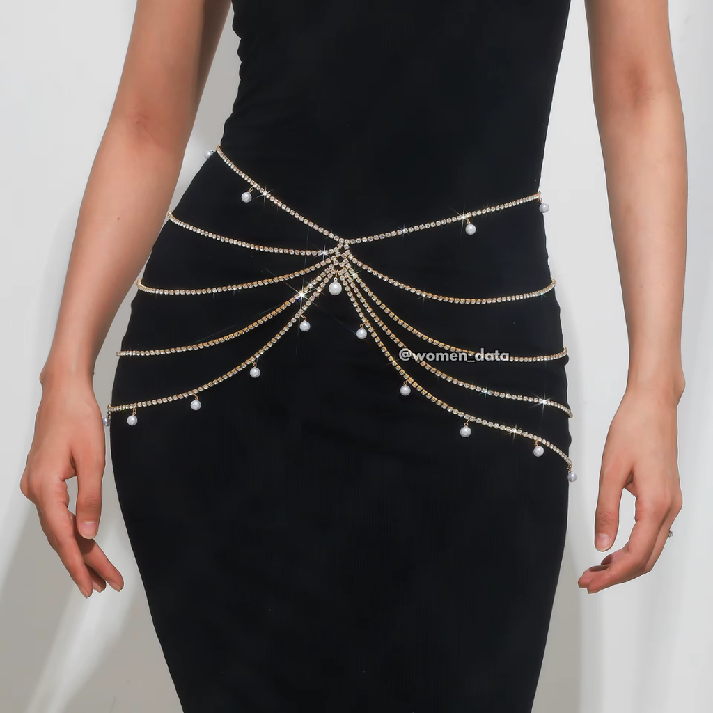 Women's Pearl Rhinestone Layered Waist Chain Belt