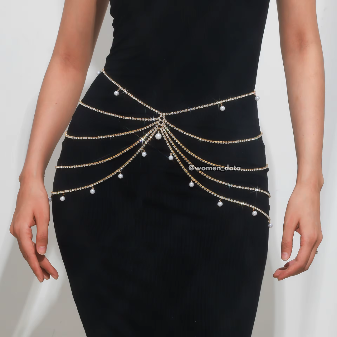 Women's Pearl Rhinestone Layered Waist Chain Belt