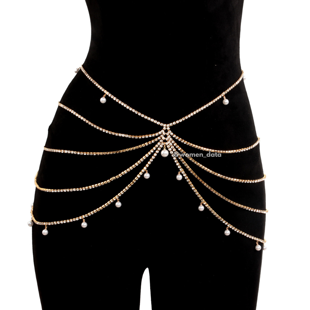 Women's Pearl Rhinestone Layered Waist Chain Belt