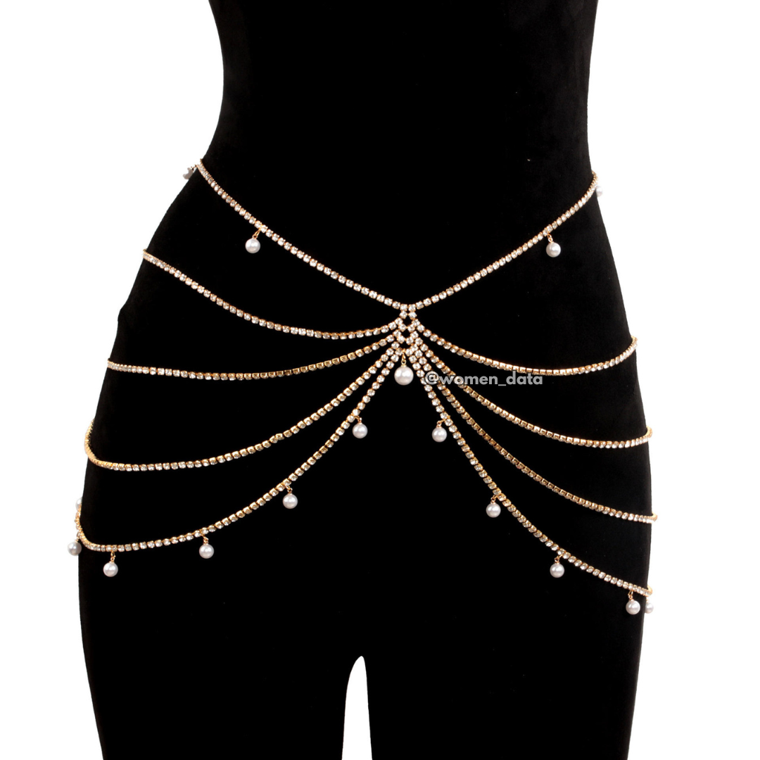 Women's Pearl Rhinestone Layered Waist Chain Belt