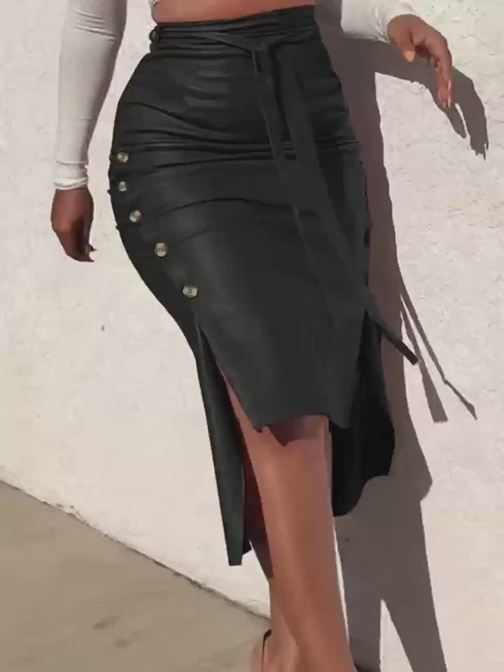 Women's High-Waist Ruched Midi Skirt with Side Slit & Button Detail