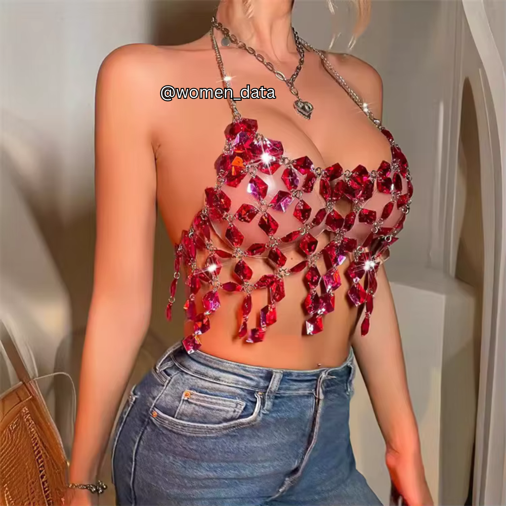 Red Crystal Mesh Halter Top – Rhinestone Chain Crop Top