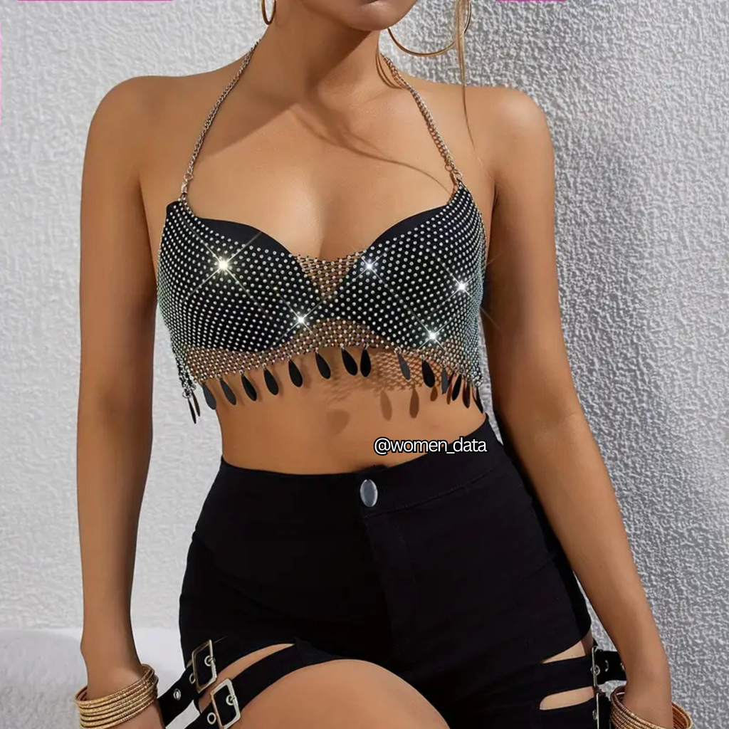 Rhinestone Halter Neck Plunge Crop Top – Sparkly Chain Fringe Party Top