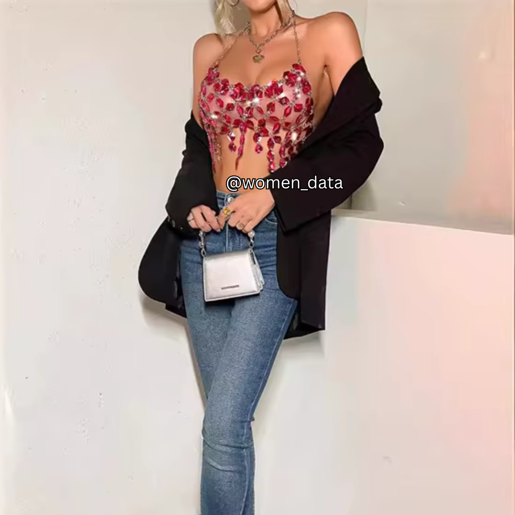 Red Crystal Mesh Halter Top – Rhinestone Chain Crop Top