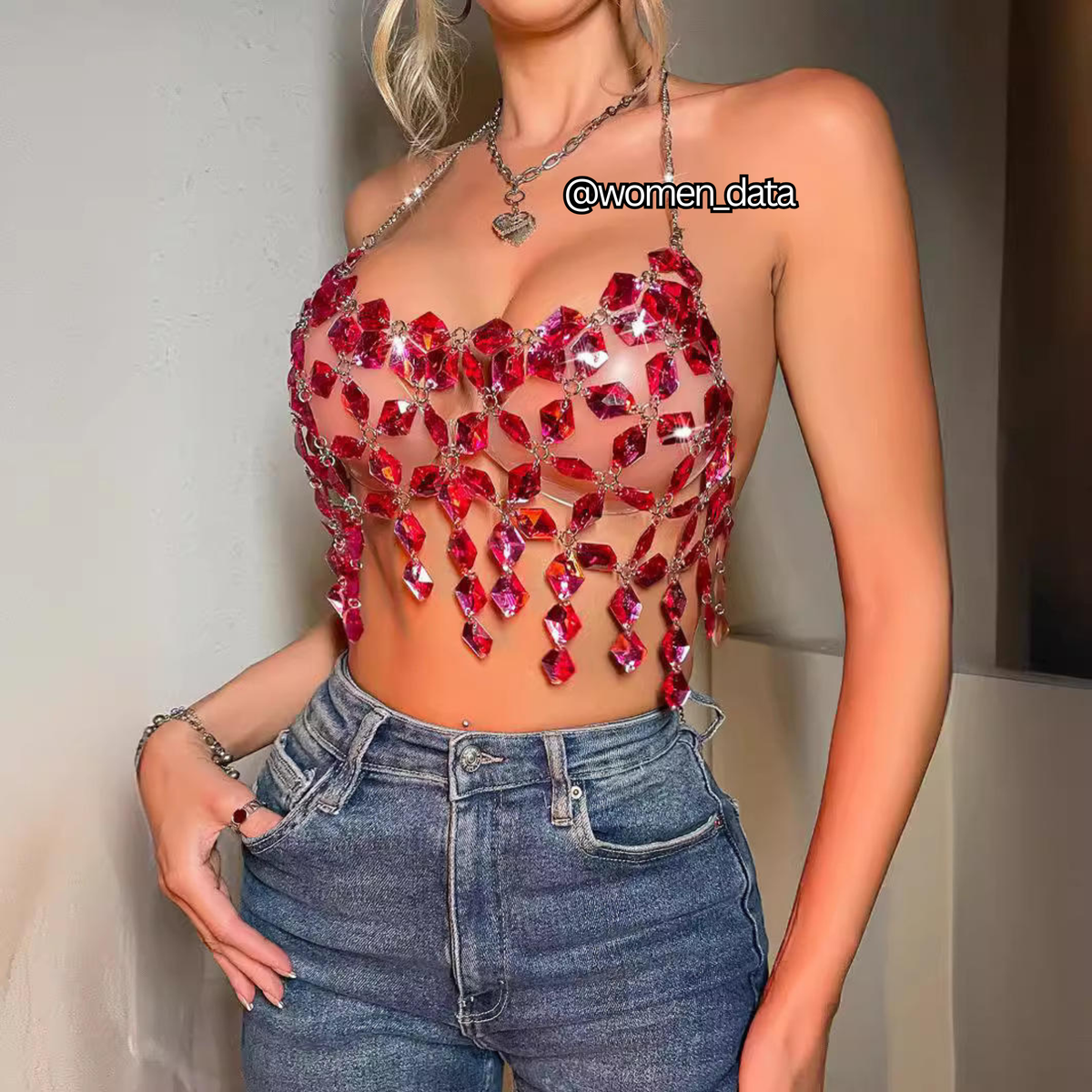 Red Crystal Mesh Halter Top – Rhinestone Chain Crop Top