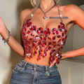 Red Crystal Mesh Halter Top – Rhinestone Chain Crop Top